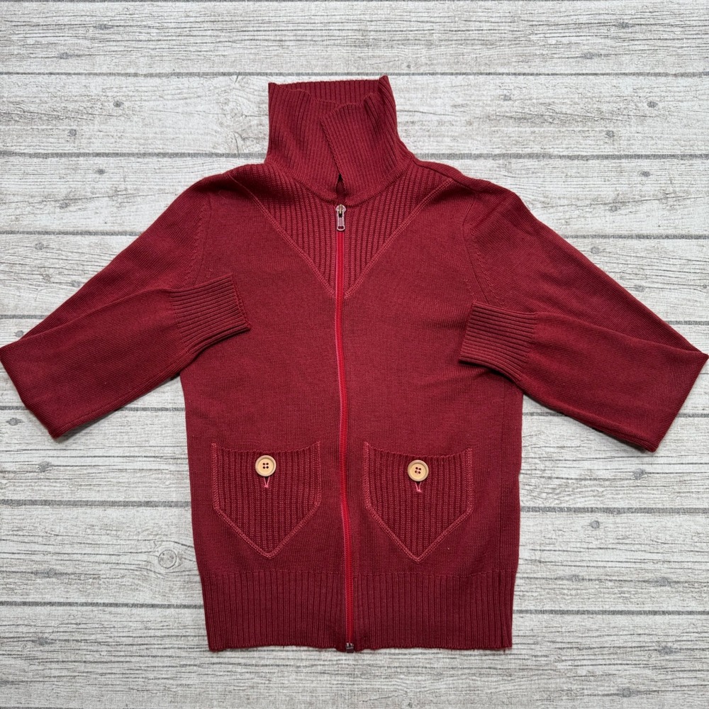 Vintage Rodier Paris Sweater Women's XS Burgundy Zip Up Mockneck Knit Cardigan